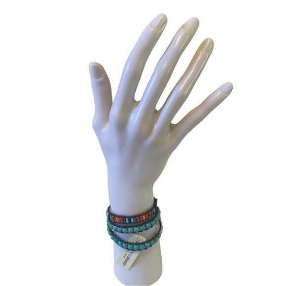 Multi Colored Seed Bead & Leather Wraparound Bracelet. - Picture 2 of 5